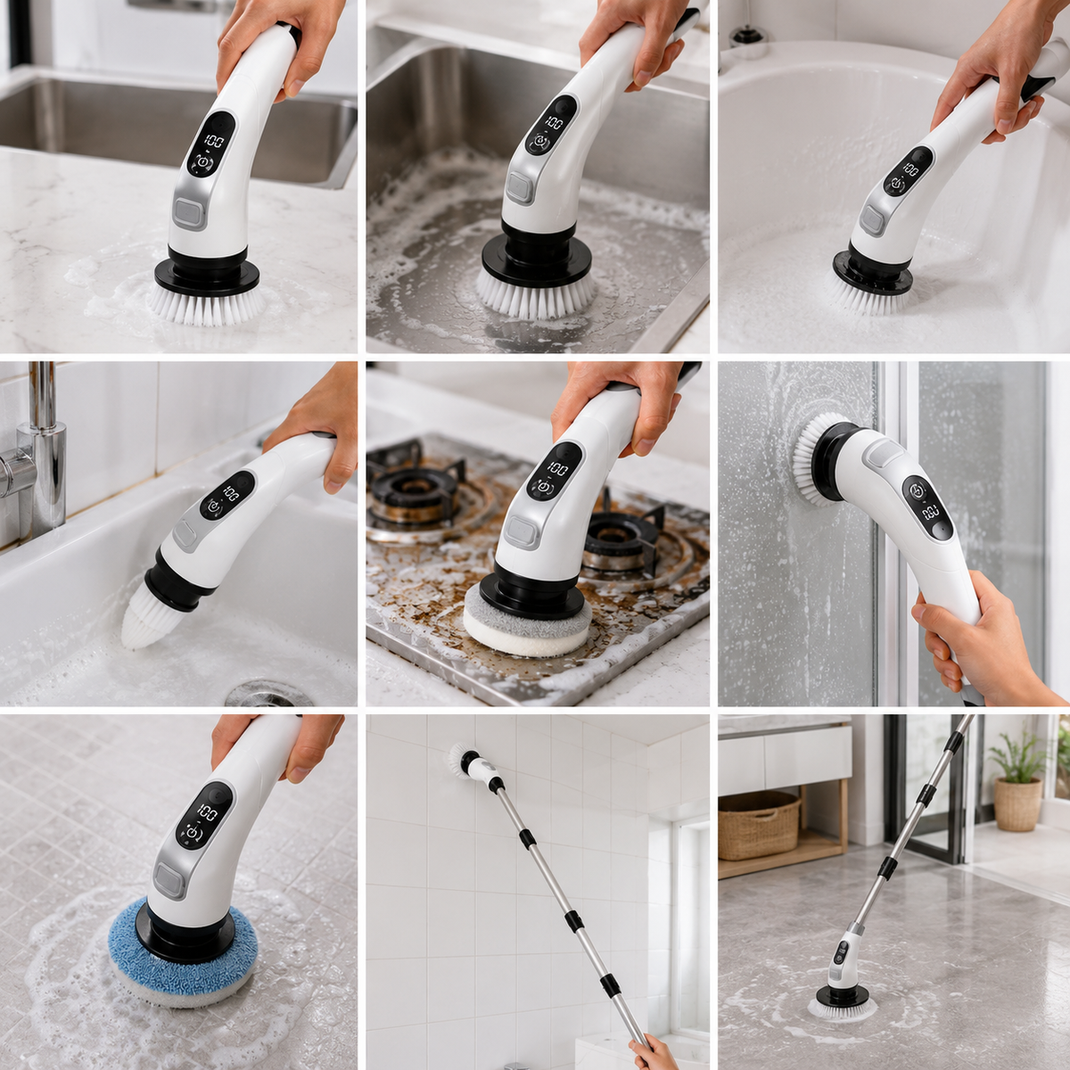 Spazzola elettrica ANUREVA 7 in 1 per bagno, cucina, vetri, piastrelle e pavimenti.