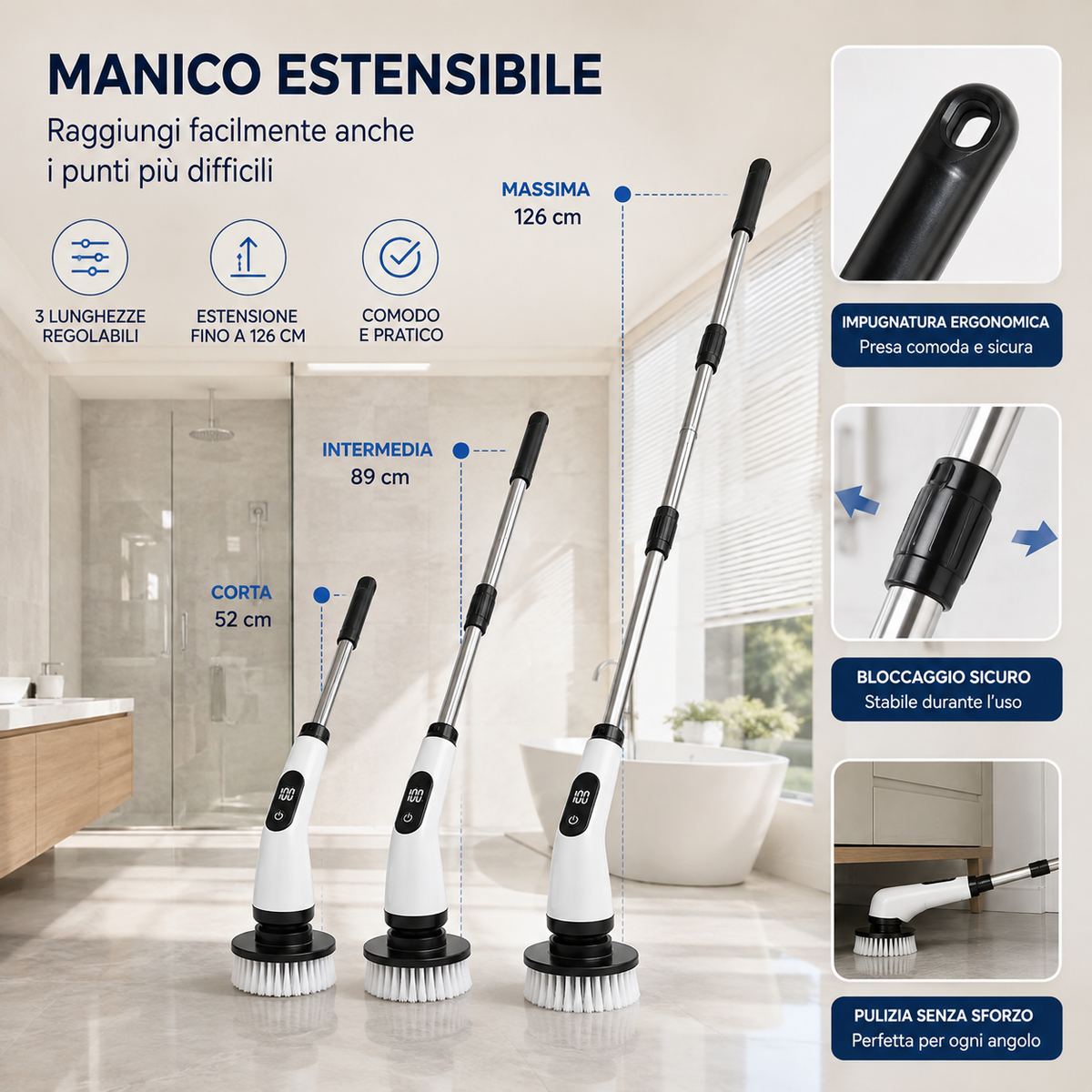 Spazzola elettrica ANUREVA con manico estensibile regolabile fino a 126 cm